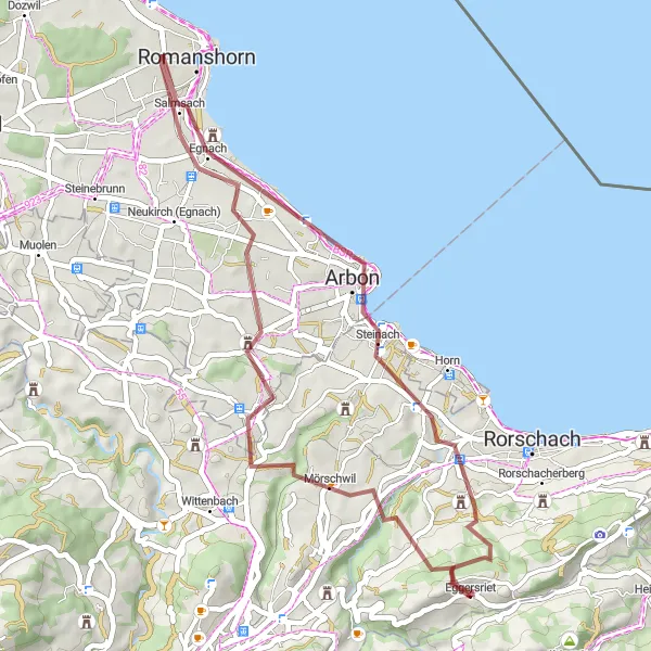 Mapa miniatúra "Gravelová trasa Untereggen - Arbon" cyklistická inšpirácia v Ostschweiz, Switzerland. Vygenerované cyklistickým plánovačom trás Tarmacs.app