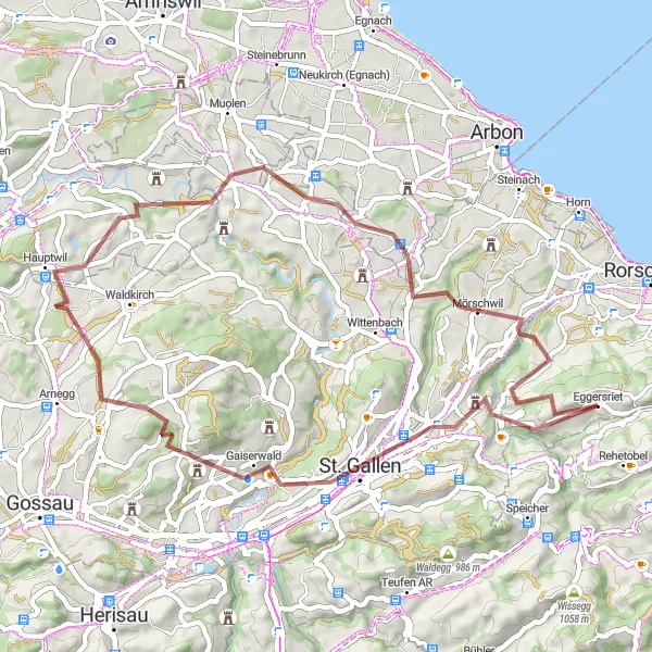 Miniature de la carte de l'inspiration cycliste "Exploration Gravel des Collines Verdoyantes" dans la Ostschweiz, Switzerland. Générée par le planificateur d'itinéraire cycliste Tarmacs.app