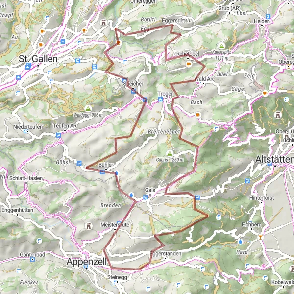 Miniatura della mappa di ispirazione al ciclismo "Percorso in bicicletta gravel da Eggersriet a Trogen attraverso Gäbris e Hoher Hirschberg" nella regione di Ostschweiz, Switzerland. Generata da Tarmacs.app, pianificatore di rotte ciclistiche