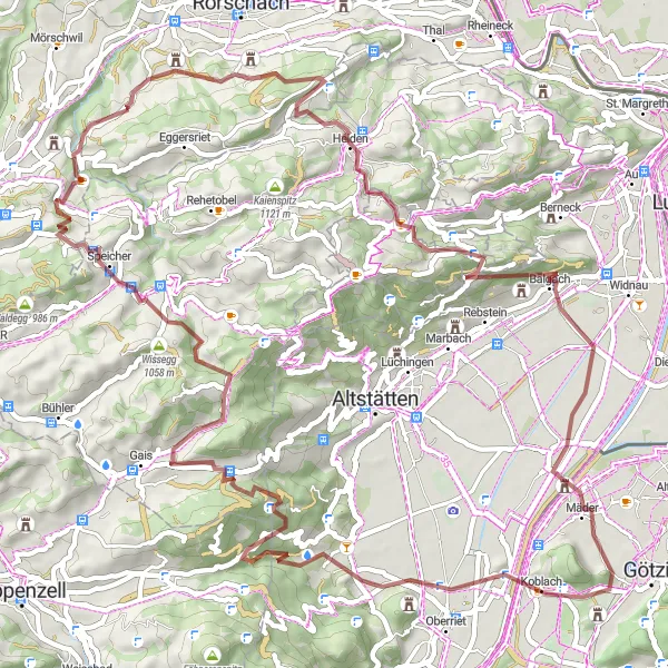 Mapa miniatúra "Gravelká trasa cez Fünfländerblick a Gäbris" cyklistická inšpirácia v Ostschweiz, Switzerland. Vygenerované cyklistickým plánovačom trás Tarmacs.app