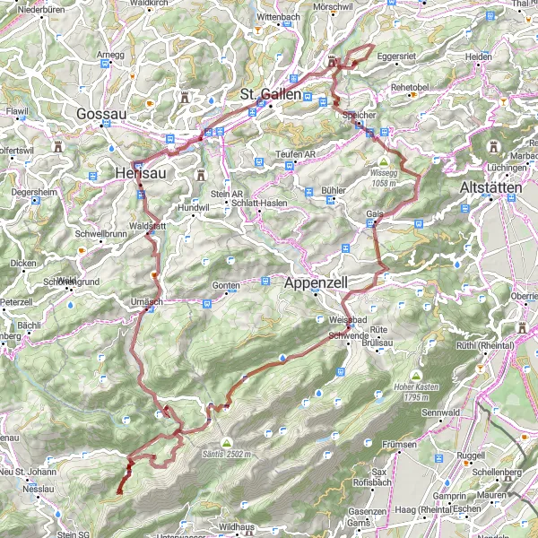 Miniaturekort af cykelinspirationen "Udfordrende Bjergcykling fra Eggersriet til Speicher" i Ostschweiz, Switzerland. Genereret af Tarmacs.app cykelruteplanlægger