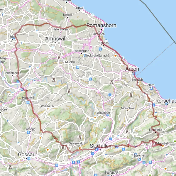 Zemljevid v pomanjšavi "Gravel Loop around Eggersriet" kolesarske inspiracije v Ostschweiz, Switzerland. Generirano z načrtovalcem kolesarskih poti Tarmacs.app