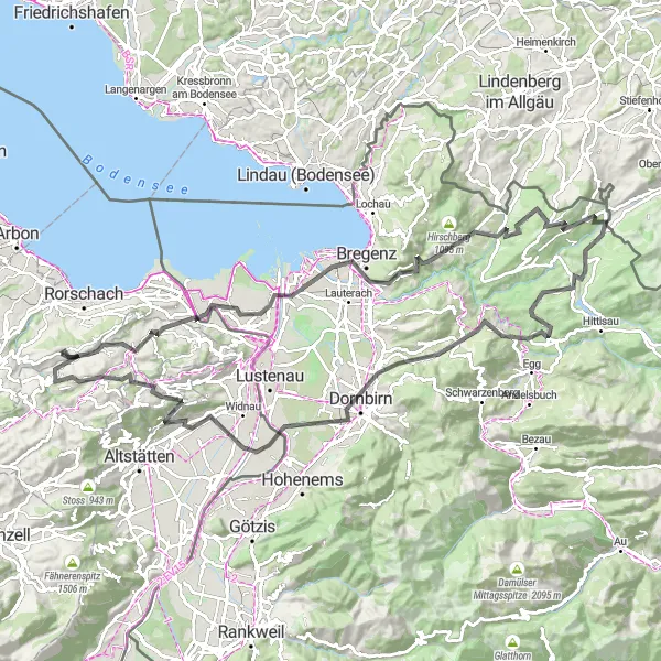 Mapa miniatúra "Výzva pre cyklistov okolo Fünfländerblick a Gupf" cyklistická inšpirácia v Ostschweiz, Switzerland. Vygenerované cyklistickým plánovačom trás Tarmacs.app