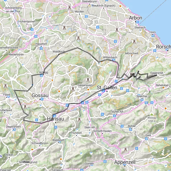 Karten-Miniaturansicht der Radinspiration "Straßenroute St. Gallen bis Untereggen" in Ostschweiz, Switzerland. Erstellt vom Tarmacs.app-Routenplaner für Radtouren