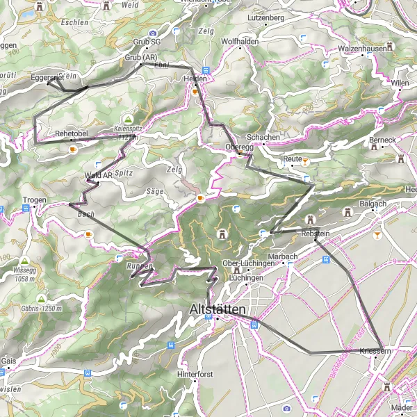 Kartminiatyr av "Kort og utfordrende sykkeltur" sykkelinspirasjon i Ostschweiz, Switzerland. Generert av Tarmacs.app sykkelrutoplanlegger