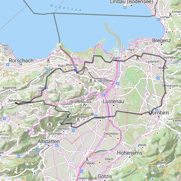 Miniature de la carte de l'inspiration cycliste "Circuit panoramique vers Dornbirn" dans la Ostschweiz, Switzerland. Générée par le planificateur d'itinéraire cycliste Tarmacs.app