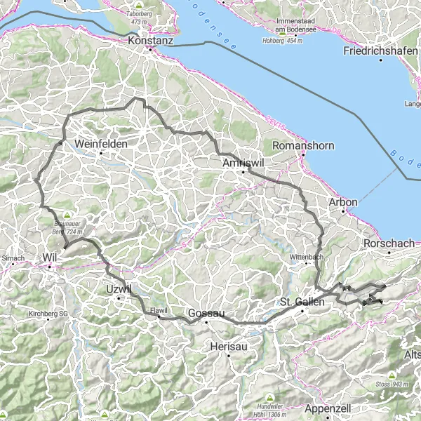 Miniatua del mapa de inspiración ciclista "Ruta de Carretera con Vistas en Ostschweiz" en Ostschweiz, Switzerland. Generado por Tarmacs.app planificador de rutas ciclistas