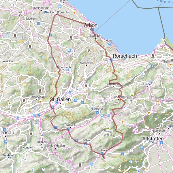 Miniaturekort af cykelinspirationen "Udforsk skovklædte stier og bjerglandsbyer" i Ostschweiz, Switzerland. Genereret af Tarmacs.app cykelruteplanlægger