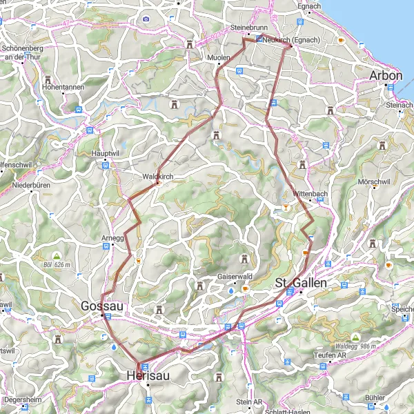 Miniatura della mappa di ispirazione al ciclismo "Avventura tra St. Gallen e Neukirch (Egnach)" nella regione di Ostschweiz, Switzerland. Generata da Tarmacs.app, pianificatore di rotte ciclistiche