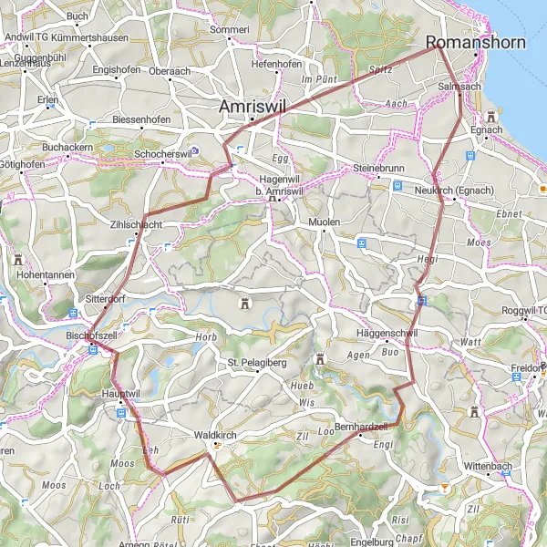 Miniaturní mapa "Gravel cyklotrasa Aussichtspunkt Kastenberg - Salmsach" inspirace pro cyklisty v oblasti Ostschweiz, Switzerland. Vytvořeno pomocí plánovače tras Tarmacs.app