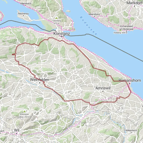 Miniaturní mapa "Gravelová výprava kolem Kreuzlingenu" inspirace pro cyklisty v oblasti Ostschweiz, Switzerland. Vytvořeno pomocí plánovače tras Tarmacs.app