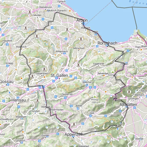 Miniaturní mapa "Vyjížďka kolem Arbonu a Altstätten" inspirace pro cyklisty v oblasti Ostschweiz, Switzerland. Vytvořeno pomocí plánovače tras Tarmacs.app