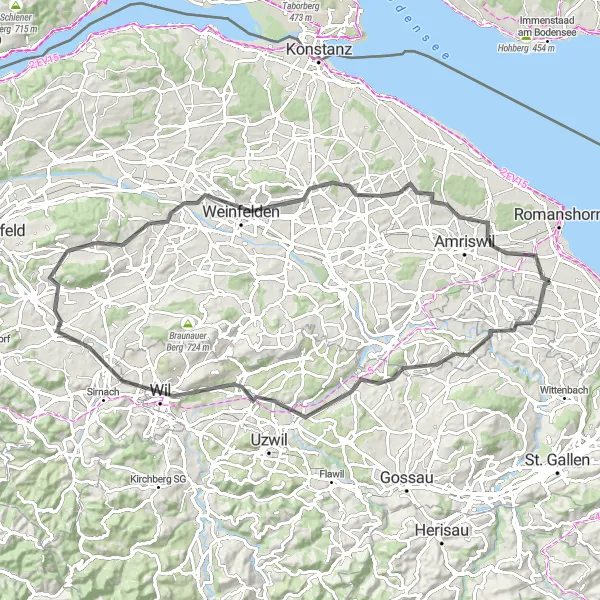 Karttaminiaatyyri "Häggenschwil - Neukirch (Egnach) Maanteiden Kierros" pyöräilyinspiraatiosta alueella Ostschweiz, Switzerland. Luotu Tarmacs.app pyöräilyreittisuunnittelijalla
