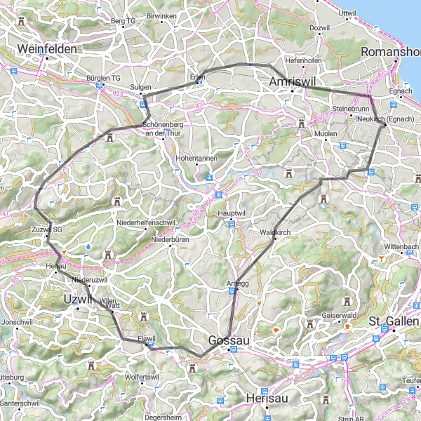 Miniaturní mapa "Silniční cyklotrasa Waldkirch - Neukirch (Egnach)" inspirace pro cyklisty v oblasti Ostschweiz, Switzerland. Vytvořeno pomocí plánovače tras Tarmacs.app