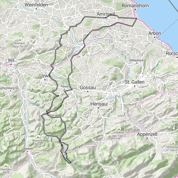 Mapa miniatúra "Kulturná jazda okolo Amriswilu a Flawilu" cyklistická inšpirácia v Ostschweiz, Switzerland. Vygenerované cyklistickým plánovačom trás Tarmacs.app
