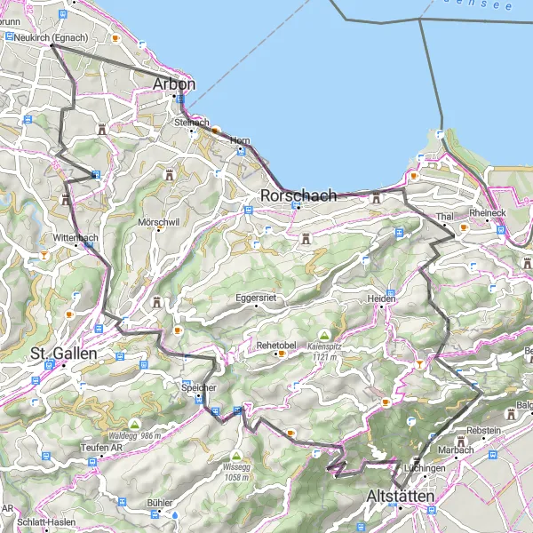 Karttaminiaatyyri "Maantiepyöräreitti Arbonista Neukirch (Egnach)iin" pyöräilyinspiraatiosta alueella Ostschweiz, Switzerland. Luotu Tarmacs.app pyöräilyreittisuunnittelijalla