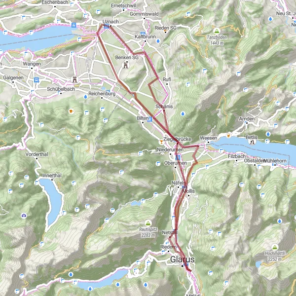 Karttaminiaatyyri "Glarusin alueen Gravel-reitti" pyöräilyinspiraatiosta alueella Ostschweiz, Switzerland. Luotu Tarmacs.app pyöräilyreittisuunnittelijalla
