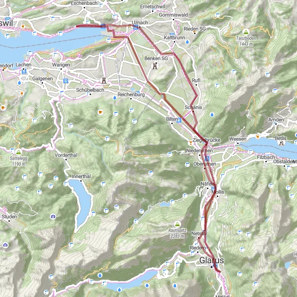 Miniatura della mappa di ispirazione al ciclismo "Percorso in bicicletta di 63 km intorno a Ennenda" nella regione di Ostschweiz, Switzerland. Generata da Tarmacs.app, pianificatore di rotte ciclistiche