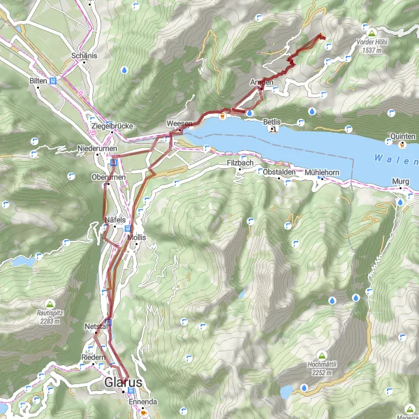 Kartminiatyr av "Gulmen til Näfels Grusvei Utforskning" sykkelinspirasjon i Ostschweiz, Switzerland. Generert av Tarmacs.app sykkelrutoplanlegger