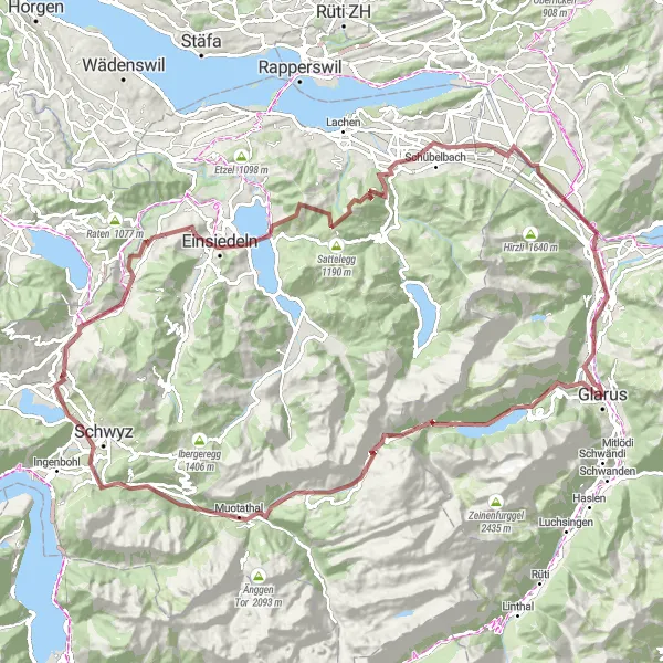 Karttaminiaatyyri "Sorateiden kierros Riedernistä Näfelsiin" pyöräilyinspiraatiosta alueella Ostschweiz, Switzerland. Luotu Tarmacs.app pyöräilyreittisuunnittelijalla