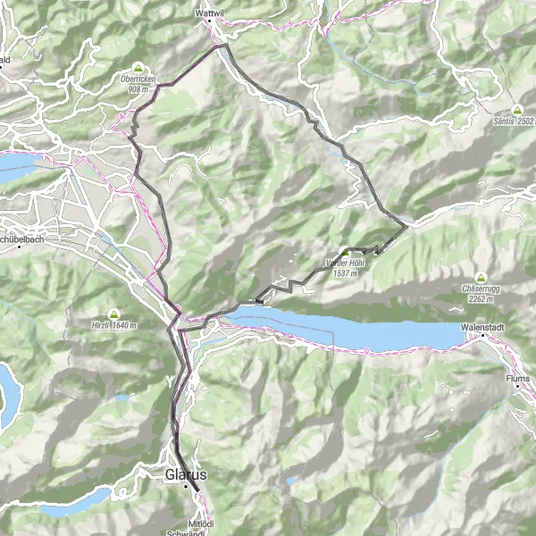 Miniaturní mapa "Cestování po silnici Ennenda - Biberlichopf - Kaltbrunn - Krummenau - Gulmen - Amden - Glarus" inspirace pro cyklisty v oblasti Ostschweiz, Switzerland. Vytvořeno pomocí plánovače tras Tarmacs.app