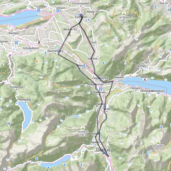 Miniaturní mapa "Vyjížďka po okolí Glarus a Kaltbrunn" inspirace pro cyklisty v oblasti Ostschweiz, Switzerland. Vytvořeno pomocí plánovače tras Tarmacs.app