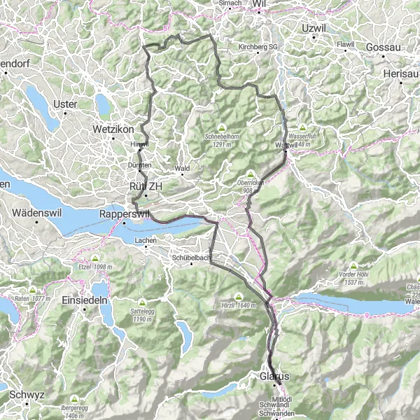 Kartminiatyr av "Landevei rundtur til Hinwil og Mosnang" sykkelinspirasjon i Ostschweiz, Switzerland. Generert av Tarmacs.app sykkelrutoplanlegger