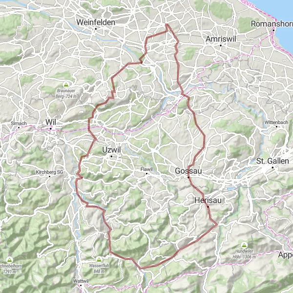 Zemljevid v pomanjšavi "Izzivalen kolesarski izlet Erlen - Mündung Sitter in Thur - Bischofszell - Gossau - Nieschberg - Schönengrund - Gerensattel - Jonschwil - Nollen - Sulgen - Erlen" kolesarske inspiracije v Ostschweiz, Switzerland. Generirano z načrtovalcem kolesarskih poti Tarmacs.app