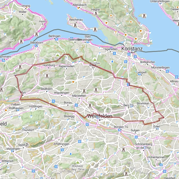 Miniatua del mapa de inspiración ciclista "Vuelta en Bicicleta Gravel desde Erlen a Illighausen" en Ostschweiz, Switzerland. Generado por Tarmacs.app planificador de rutas ciclistas