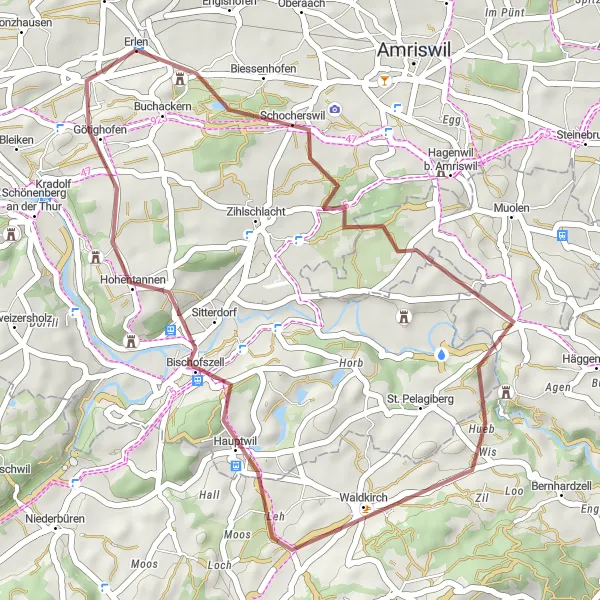 Zemljevid v pomanjšavi "Uživaški gravel izlet Erlen - Gewerbeturm Amriswil - Waldkirch - Mündung Sitter in Thur - Hohentannen - Ennetaach - Erlen" kolesarske inspiracije v Ostschweiz, Switzerland. Generirano z načrtovalcem kolesarskih poti Tarmacs.app