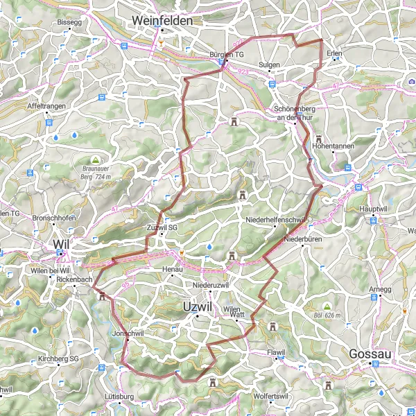 Miniatura della mappa di ispirazione al ciclismo "Avventura ciclistica tra Erlen e Bürglen TG" nella regione di Ostschweiz, Switzerland. Generata da Tarmacs.app, pianificatore di rotte ciclistiche
