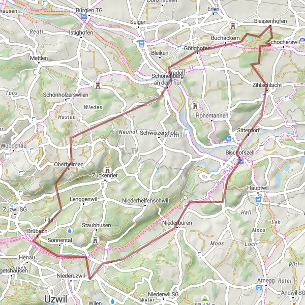 Miniatura della mappa di ispirazione al ciclismo "Giro in bicicletta attraverso Niederbüren e Neukirch an der Thur" nella regione di Ostschweiz, Switzerland. Generata da Tarmacs.app, pianificatore di rotte ciclistiche