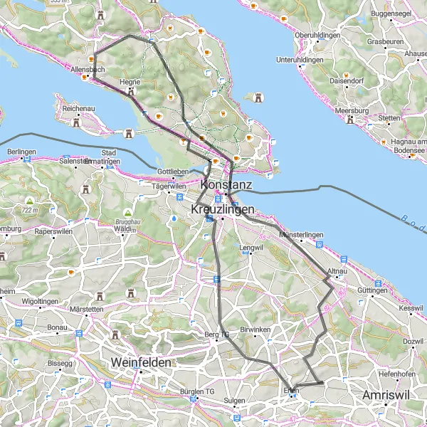 Mapa miniatúra "Jazda cez Erlen a okolie" cyklistická inšpirácia v Ostschweiz, Switzerland. Vygenerované cyklistickým plánovačom trás Tarmacs.app