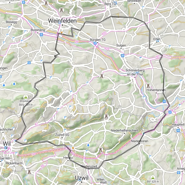 Miniatura della mappa di ispirazione al ciclismo "Giro in bicicletta da Erlen a Zuzwil SG" nella regione di Ostschweiz, Switzerland. Generata da Tarmacs.app, pianificatore di rotte ciclistiche