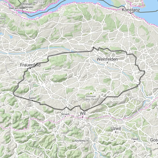 Miniatua del mapa de inspiración ciclista "Ruta de ciclismo de carretera desde Erlen" en Ostschweiz, Switzerland. Generado por Tarmacs.app planificador de rutas ciclistas