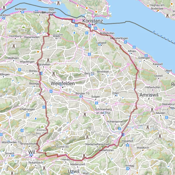 Map miniature of "From Ermatingen to Seeburgturm via Gewerbeturm Amriswil and Napoleonturm" cycling inspiration in Ostschweiz, Switzerland. Generated by Tarmacs.app cycling route planner