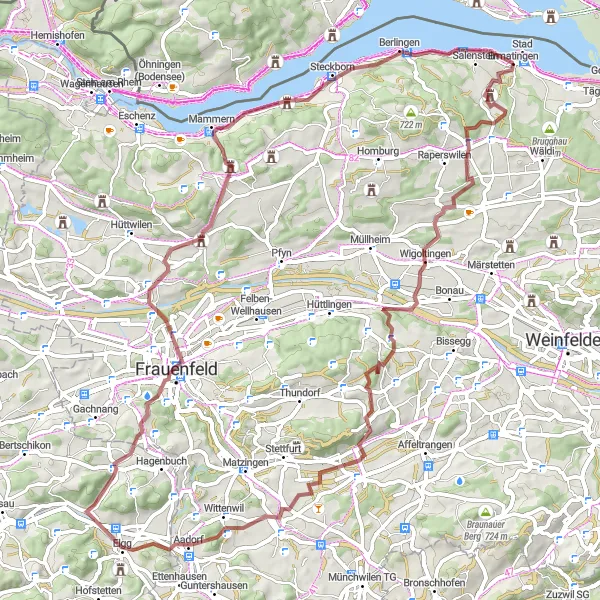 Miniatua del mapa de inspiración ciclista "Ruta de Ciclismo en Grava Ermatingen-Wetzikon TG-Zeltpavillion-Ermatingen" en Ostschweiz, Switzerland. Generado por Tarmacs.app planificador de rutas ciclistas