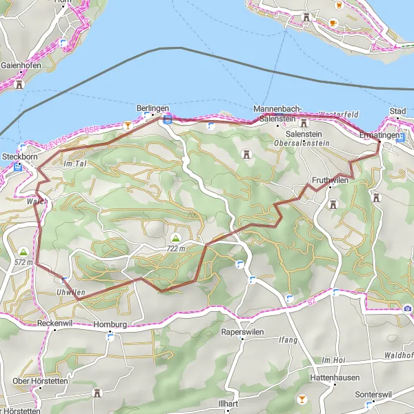 Map miniature of "The Charming Villages of Thurgau" cycling inspiration in Ostschweiz, Switzerland. Generated by Tarmacs.app cycling route planner