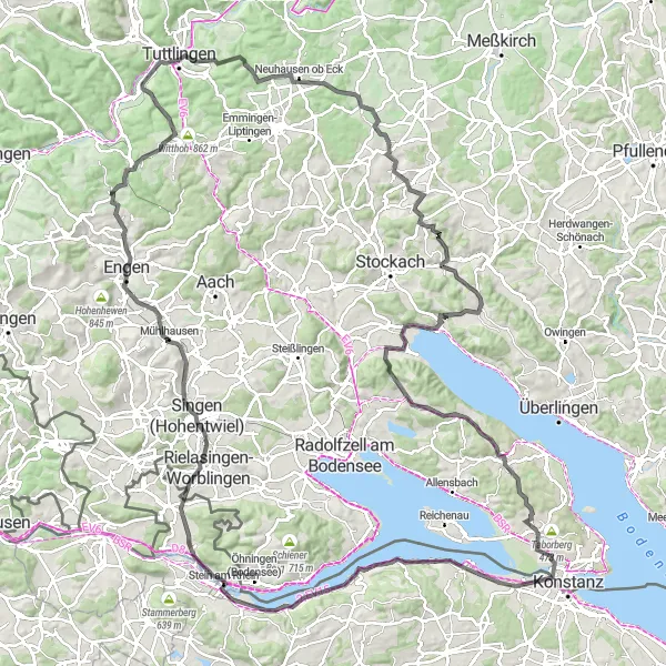 Map miniature of "From Ermatingen to Zeltpavillion via Steckborn and Singen (Hohentwiel)" cycling inspiration in Ostschweiz, Switzerland. Generated by Tarmacs.app cycling route planner