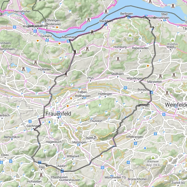 Zemljevid v pomanjšavi "Ermatingen - Steckborn - Weiningen TG Route" kolesarske inspiracije v Ostschweiz, Switzerland. Generirano z načrtovalcem kolesarskih poti Tarmacs.app