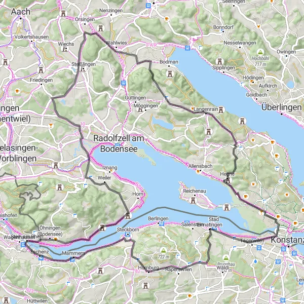 Zemljevid v pomanjšavi "Ermatingen - Marbach - Maiersberg Route" kolesarske inspiracije v Ostschweiz, Switzerland. Generirano z načrtovalcem kolesarskih poti Tarmacs.app