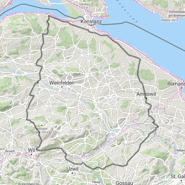 Miniatua del mapa de inspiración ciclista "Ruta de Ciclismo en Carretera Ermatingen-Triboltingen-Sommeri-Nollenberg" en Ostschweiz, Switzerland. Generado por Tarmacs.app planificador de rutas ciclistas