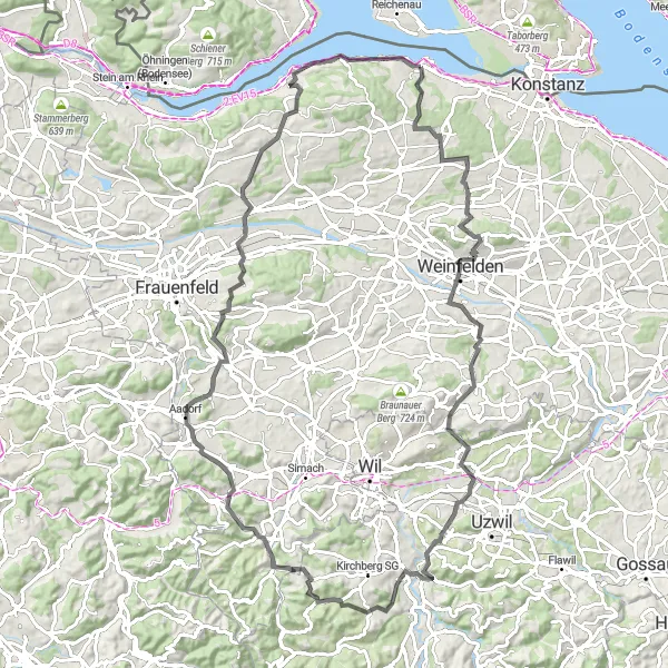 Kartminiatyr av "Ermatingen tilbake til Ermatingen via Hamberg" sykkelinspirasjon i Ostschweiz, Switzerland. Generert av Tarmacs.app sykkelrutoplanlegger
