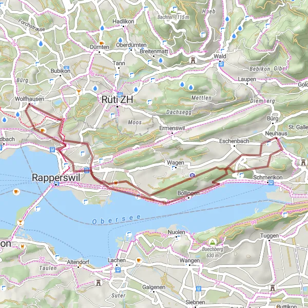 Map miniature of "Eschenbach Gravel Tour" cycling inspiration in Ostschweiz, Switzerland. Generated by Tarmacs.app cycling route planner