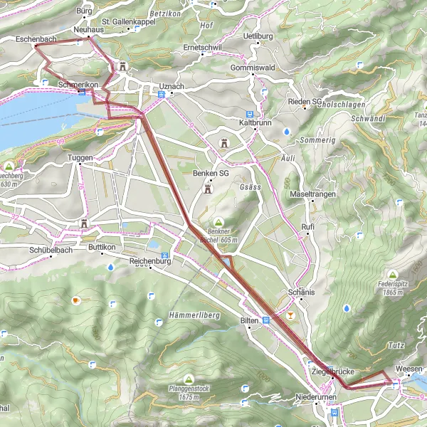 Zemljevid v pomanjšavi "Sprostitev ob jezeru Walensee" kolesarske inspiracije v Ostschweiz, Switzerland. Generirano z načrtovalcem kolesarskih poti Tarmacs.app