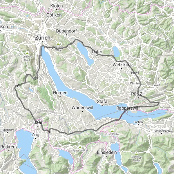 Miniatua del mapa de inspiración ciclista "Ruta de ciclismo en carretera hacia Zurich y Uster" en Ostschweiz, Switzerland. Generado por Tarmacs.app planificador de rutas ciclistas