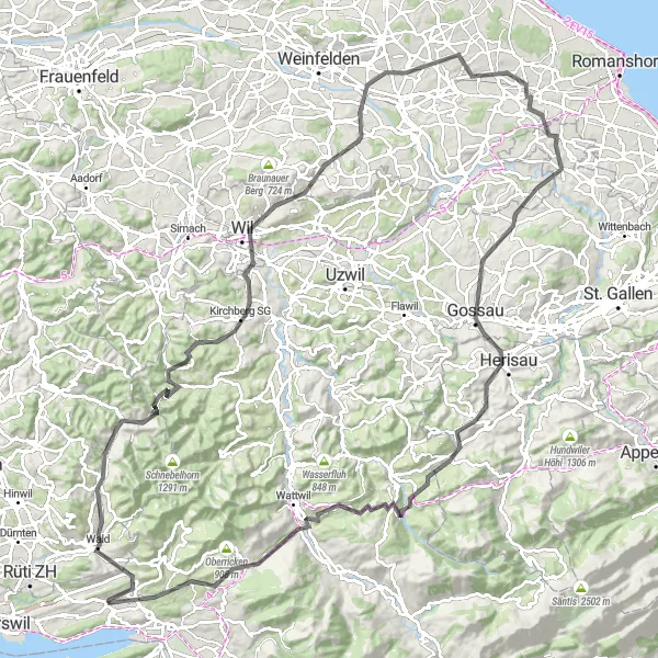 Miniatua del mapa de inspiración ciclista "Ruta de ciclismo en carretera hacia Waldkirch y St. Gallenkappel" en Ostschweiz, Switzerland. Generado por Tarmacs.app planificador de rutas ciclistas