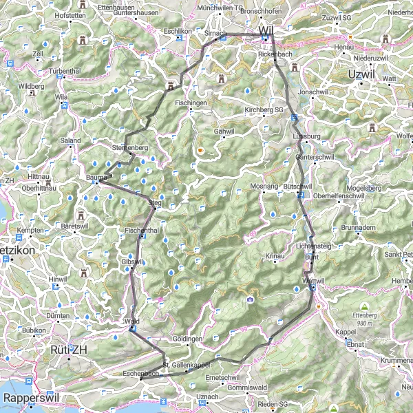 Miniature de la carte de l'inspiration cycliste "Tour des Châteaux et Villages" dans la Ostschweiz, Switzerland. Générée par le planificateur d'itinéraire cycliste Tarmacs.app