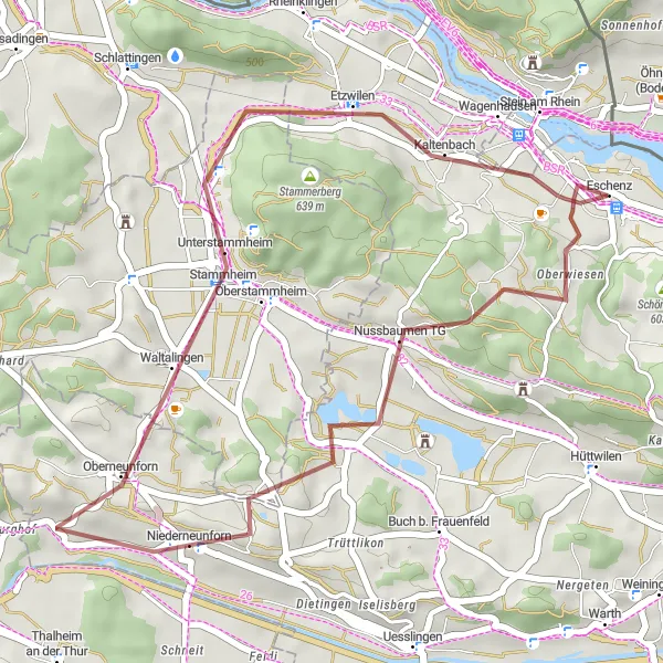 Miniature de la carte de l'inspiration cycliste "Circuit de Nussbaumen TG" dans la Ostschweiz, Switzerland. Générée par le planificateur d'itinéraire cycliste Tarmacs.app