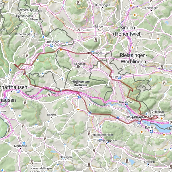 Miniatua del mapa de inspiración ciclista "Excursión Öhningen - Thayngen" en Ostschweiz, Switzerland. Generado por Tarmacs.app planificador de rutas ciclistas
